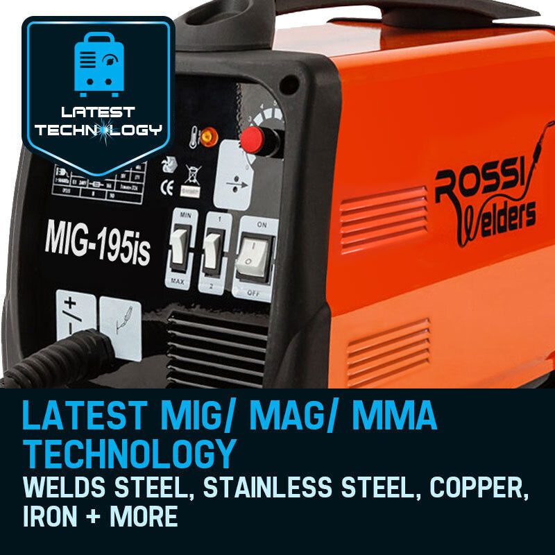 A red and black ROSSI 195Amp Welder MIG ARC MAG Welding Machine Gas / Gasless Portable 195A by Rossi Welders is shown. The machine, perfect for metal body works, features controls on the front panel including dials, switches, and indicators, a handle on top for portability, and a cable extending from the front.