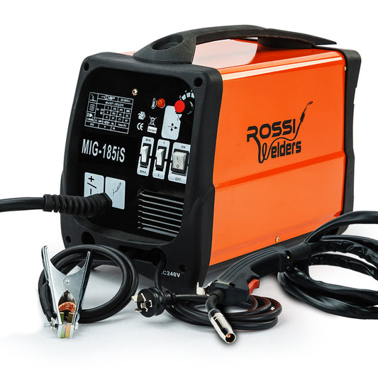 An orange and black ROSSI 185 Amp Welding Machine Inverter Welder MIG MAG Gas Gasless Portable 185A is seen. The front panel of this 185 series MIG welder features various controls and indicators. Connected welding cables and clamps are also visible. The unit is designed for use with a standard 240V power supply.