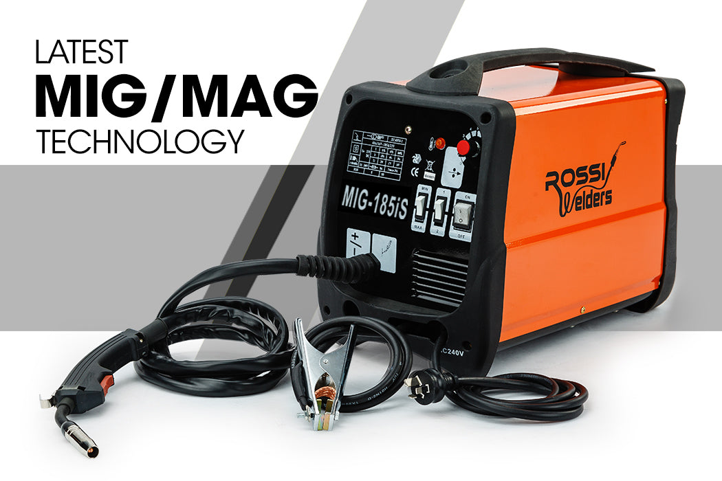 An orange and black ROSSI 185 Amp Welding Machine Inverter Welder MIG MAG Gas Gasless Portable 185A is seen. The front panel of this 185 series MIG welder features various controls and indicators. Connected welding cables and clamps are also visible. The unit is designed for use with a standard 240V power supply.