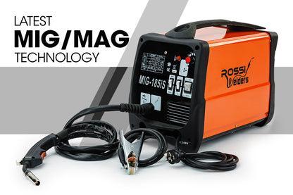 An orange and black ROSSI 185 Amp Welding Machine Inverter Welder MIG MAG Gas Gasless Portable 185A is seen. The front panel of this 185 series MIG welder features various controls and indicators. Connected welding cables and clamps are also visible. The unit is designed for use with a standard 240V power supply.