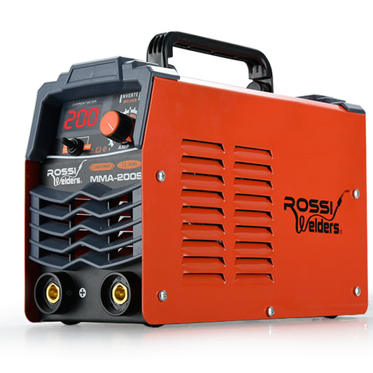 A red ROSSI Stick Welder 200 Amp Inverter Welding Machine MMA Portable ARC DC 200A Gas with a digital display showing “200”. The unit features iGBT inverter technology and has a black handle on top with ventilation panels on the sides. The front panel includes control dials for adjustable output current and connectors for welding cables. "Rossi Welders" branding is visible.