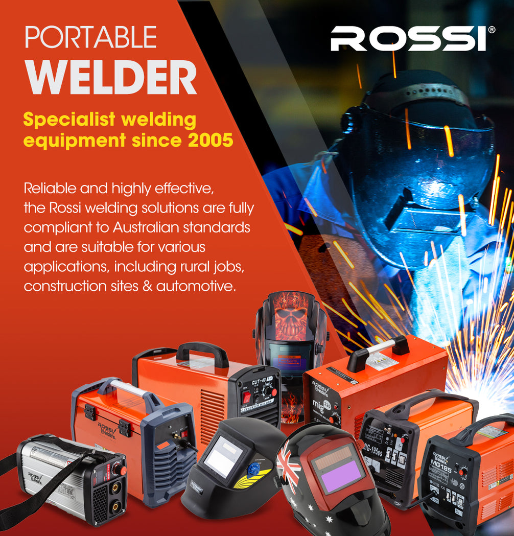 A red ROSSI Stick Welder 200 Amp Inverter Welding Machine MMA Portable ARC DC 200A Gas with a digital display showing “200”. The unit features iGBT inverter technology and has a black handle on top with ventilation panels on the sides. The front panel includes control dials for adjustable output current and connectors for welding cables. "Rossi Welders" branding is visible.