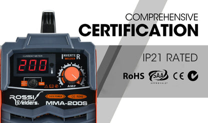 A red ROSSI Stick Welder 200 Amp Inverter Welding Machine MMA Portable ARC DC 200A Gas with a digital display showing “200”. The unit features iGBT inverter technology and has a black handle on top with ventilation panels on the sides. The front panel includes control dials for adjustable output current and connectors for welding cables. "Rossi Welders" branding is visible.