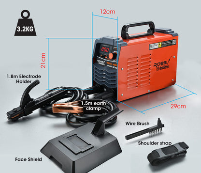 A red ROSSI Stick Welder 200 Amp Inverter Welding Machine MMA Portable ARC DC 200A Gas with a digital display showing “200”. The unit features iGBT inverter technology and has a black handle on top with ventilation panels on the sides. The front panel includes control dials for adjustable output current and connectors for welding cables. "Rossi Welders" branding is visible.