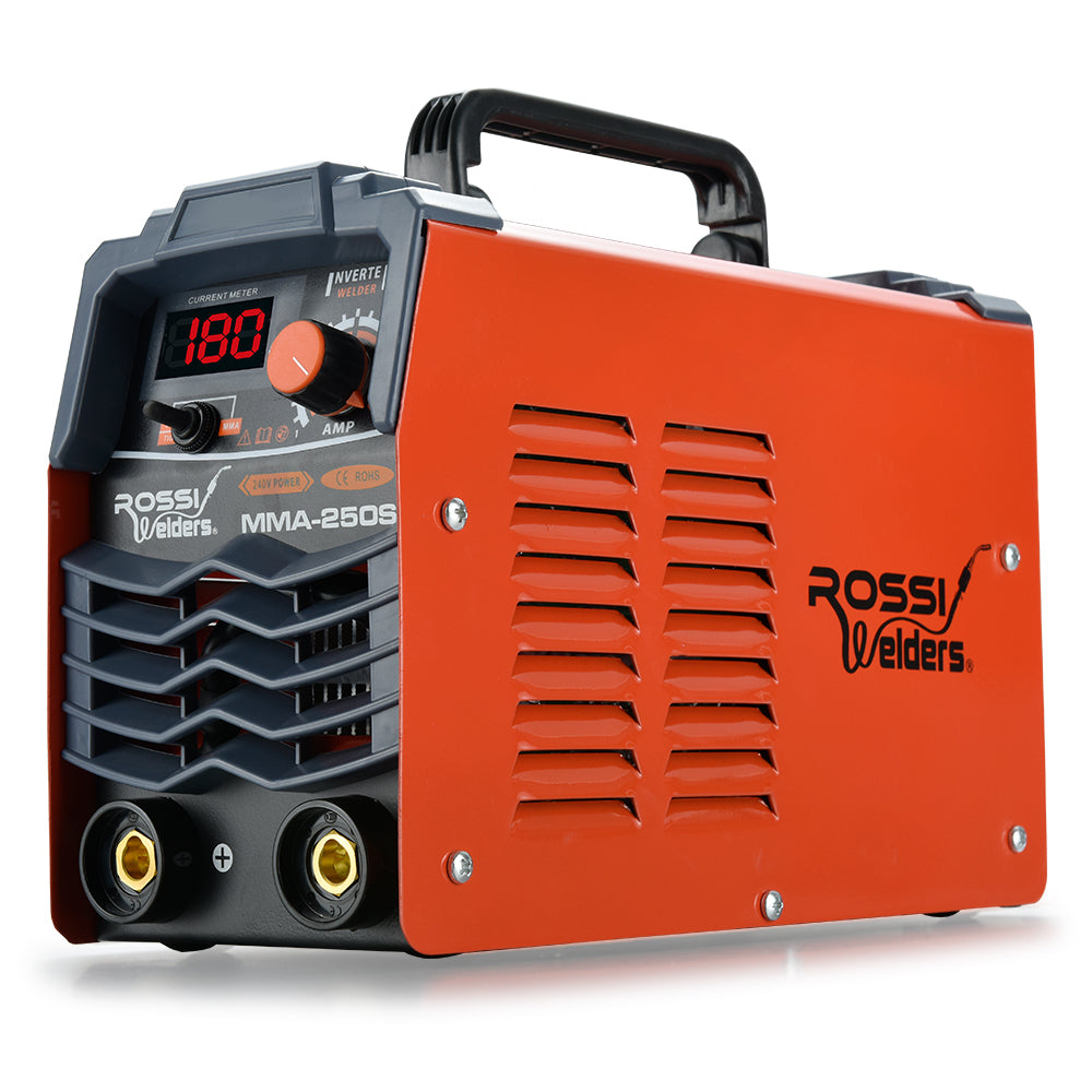 An orange ROSSI Stick Welder 180 Amp Inverter Welding Machine MMA Portable ARC DC 180A Gas with a digital display showing "180" and multiple control knobs. The device has a black handle on top and is labeled "Rossi Welders" on the side. It features ventilation grills and input/output terminals on the front, making it an efficient stick welder.