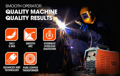 An orange ROSSI Stick Welder 180 Amp Inverter Welding Machine MMA Portable ARC DC 180A Gas with a digital display showing "180" and multiple control knobs. The device has a black handle on top and is labeled "Rossi Welders" on the side. It features ventilation grills and input/output terminals on the front, making it an efficient stick welder.