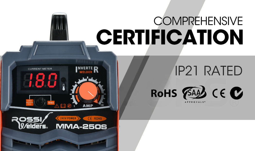 An orange ROSSI Stick Welder 180 Amp Inverter Welding Machine MMA Portable ARC DC 180A Gas with a digital display showing "180" and multiple control knobs. The device has a black handle on top and is labeled "Rossi Welders" on the side. It features ventilation grills and input/output terminals on the front, making it an efficient stick welder.