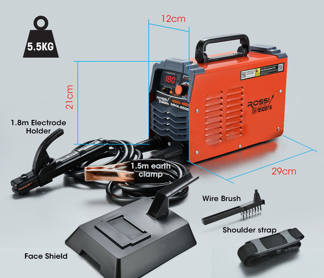 An orange ROSSI Stick Welder 180 Amp Inverter Welding Machine MMA Portable ARC DC 180A Gas with a digital display showing "180" and multiple control knobs. The device has a black handle on top and is labeled "Rossi Welders" on the side. It features ventilation grills and input/output terminals on the front, making it an efficient stick welder.