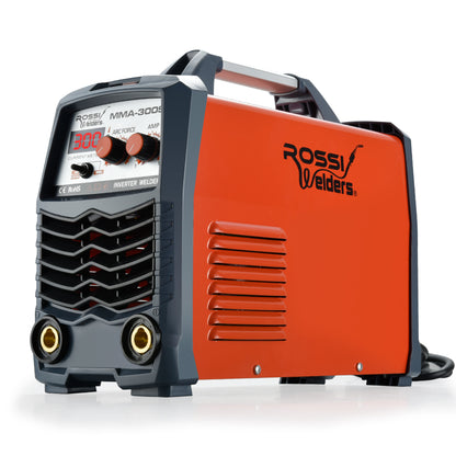 Image of a red and black ROSSI Stick Welder 300 Amp Inverter Welding Machine MMA Portable ARC DC 300A. The device features knobs, buttons, and a display screen on the front panel for controlling settings. It employs iGBT inverter technology. With a handle on top for portability and the Rossi Welders logo on the side, it also boasts a pure copper toroidal transformer for optimal performance.