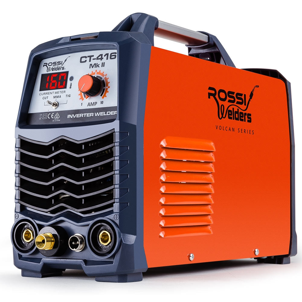 A ROSSI CT-416 Welder Inverter TIG MMA ARC Plasma Cutter Welding Machine Portable featuring an orange and blue design, a digital display showing 160 amps, and several control knobs and connectors on the front panel. The logo "Rossi Welders" is visible on the side of the machine, showcasing its advanced TIG/MMA/Plasma Cutting Technology.