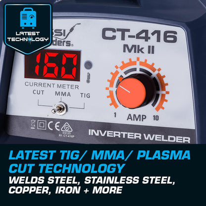 A ROSSI CT-416 Welder Inverter TIG MMA ARC Plasma Cutter Welding Machine Portable featuring an orange and blue design, a digital display showing 160 amps, and several control knobs and connectors on the front panel. The logo "Rossi Welders" is visible on the side of the machine, showcasing its advanced TIG/MMA/Plasma Cutting Technology.