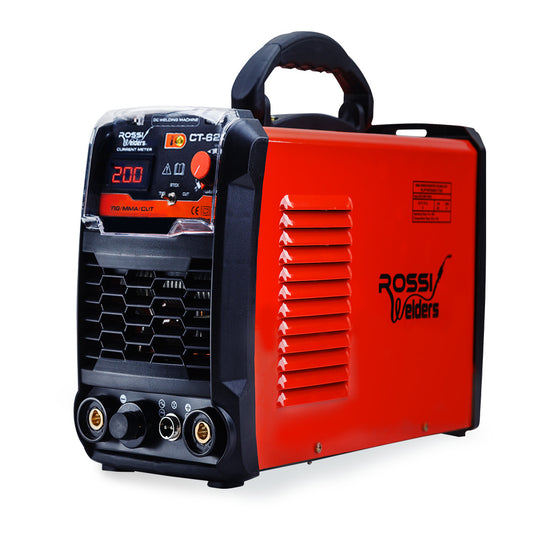 A red and black ROSSI CT-620iS TIG/MMA Plasma Cutter Portable Inverter Welder Welding, equipped with plasma cutting capabilities, sits on a white background. The front panel features various controls and gauges, including a digital display showing "200". This inverter welder also has a handle on top for easy portability.