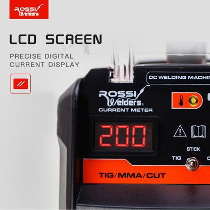 A red and black ROSSI CT-620iS TIG/MMA Plasma Cutter Portable Inverter Welder Welding, equipped with plasma cutting capabilities, sits on a white background. The front panel features various controls and gauges, including a digital display showing "200". This inverter welder also has a handle on top for easy portability.