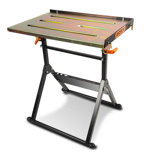 The ROSSI 150kg Capacity Angle Adjustable Welding Table is a foldable metal workbench with an adjustable height, ideal as a welding table. The tabletop features two long slots and is attached to black metal legs with orange clamps on the sides for securing. The bench boasts a sturdy, angular frame and a stabilizing bar at the bottom, ensuring corrosion resistance.