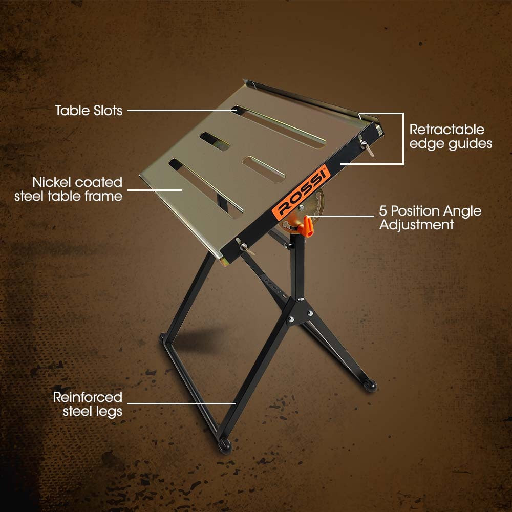 The ROSSI 150kg Capacity Angle Adjustable Welding Table is a foldable metal workbench with an adjustable height, ideal as a welding table. The tabletop features two long slots and is attached to black metal legs with orange clamps on the sides for securing. The bench boasts a sturdy, angular frame and a stabilizing bar at the bottom, ensuring corrosion resistance.