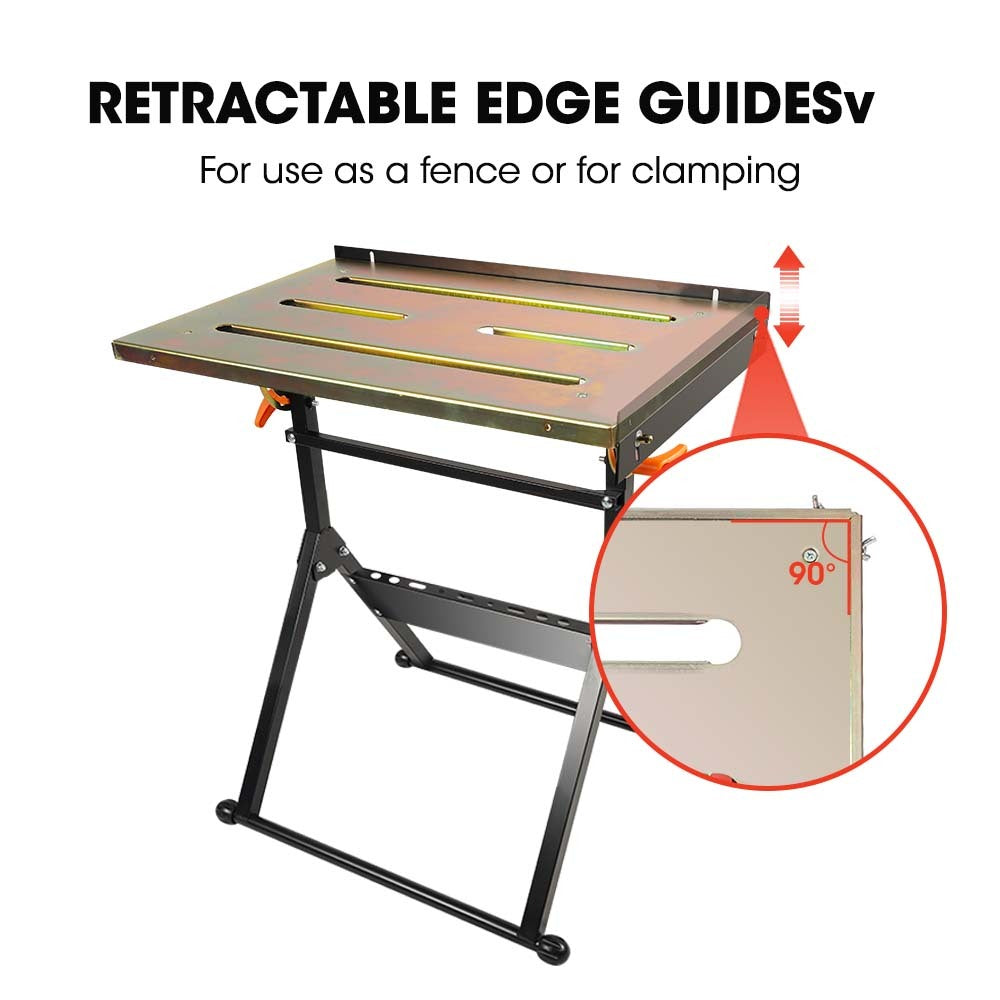 The ROSSI 150kg Capacity Angle Adjustable Welding Table is a foldable metal workbench with an adjustable height, ideal as a welding table. The tabletop features two long slots and is attached to black metal legs with orange clamps on the sides for securing. The bench boasts a sturdy, angular frame and a stabilizing bar at the bottom, ensuring corrosion resistance.