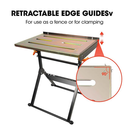 The ROSSI 150kg Capacity Angle Adjustable Welding Table is a foldable metal workbench with an adjustable height, ideal as a welding table. The tabletop features two long slots and is attached to black metal legs with orange clamps on the sides for securing. The bench boasts a sturdy, angular frame and a stabilizing bar at the bottom, ensuring corrosion resistance.