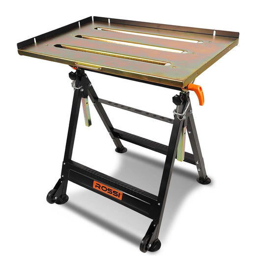 A folding metal workbench with an orange "ROSSI Welding Table 150kg Capacity Height and Angle Adjustable" logo on the crossbar. The corrosion-resistant table top has several long, rectangular cutouts. The legs and frame are black with adjustable height, and there is an orange handle on the side for portability, making it an ideal adjustable height welding table.