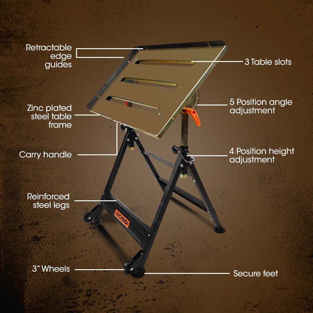 A folding metal workbench with an orange "ROSSI Welding Table 150kg Capacity Height and Angle Adjustable" logo on the crossbar. The corrosion-resistant table top has several long, rectangular cutouts. The legs and frame are black with adjustable height, and there is an orange handle on the side for portability, making it an ideal adjustable height welding table.