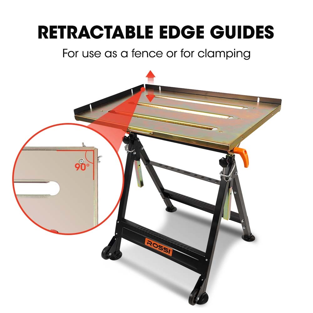 A folding metal workbench with an orange "ROSSI Welding Table 150kg Capacity Height and Angle Adjustable" logo on the crossbar. The corrosion-resistant table top has several long, rectangular cutouts. The legs and frame are black with adjustable height, and there is an orange handle on the side for portability, making it an ideal adjustable height welding table.