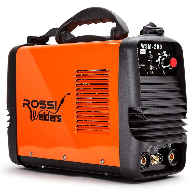 Image of an orange and black ROSSI Welder Inverter 200 Amp Welding Machine TIG ARC MMA DC WSM200 Portable. The unit features a carry handle on top and detailed controls on the front panel for adjusting settings. Utilizing advanced DC inverter technology, the brand name "ROSSI Welders" is prominently displayed on the side.