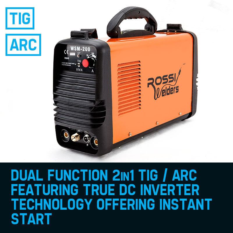 Image of an orange and black ROSSI Welder Inverter 200 Amp Welding Machine TIG ARC MMA DC WSM200 Portable. The unit features a carry handle on top and detailed controls on the front panel for adjusting settings. Utilizing advanced DC inverter technology, the brand name "ROSSI Welders" is prominently displayed on the side.