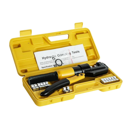 A yellow plastic carrying case containing the RYNOMATE 8 Ton Hydraulic Crimping Tool with 9 Dies (Yellow) RNM-HTL-100-SL. The case includes various die components organized in designated slots, along with an instruction manual. The crimping tool, perfect for wire and butt connector crimping, has a black handle and yellow body.