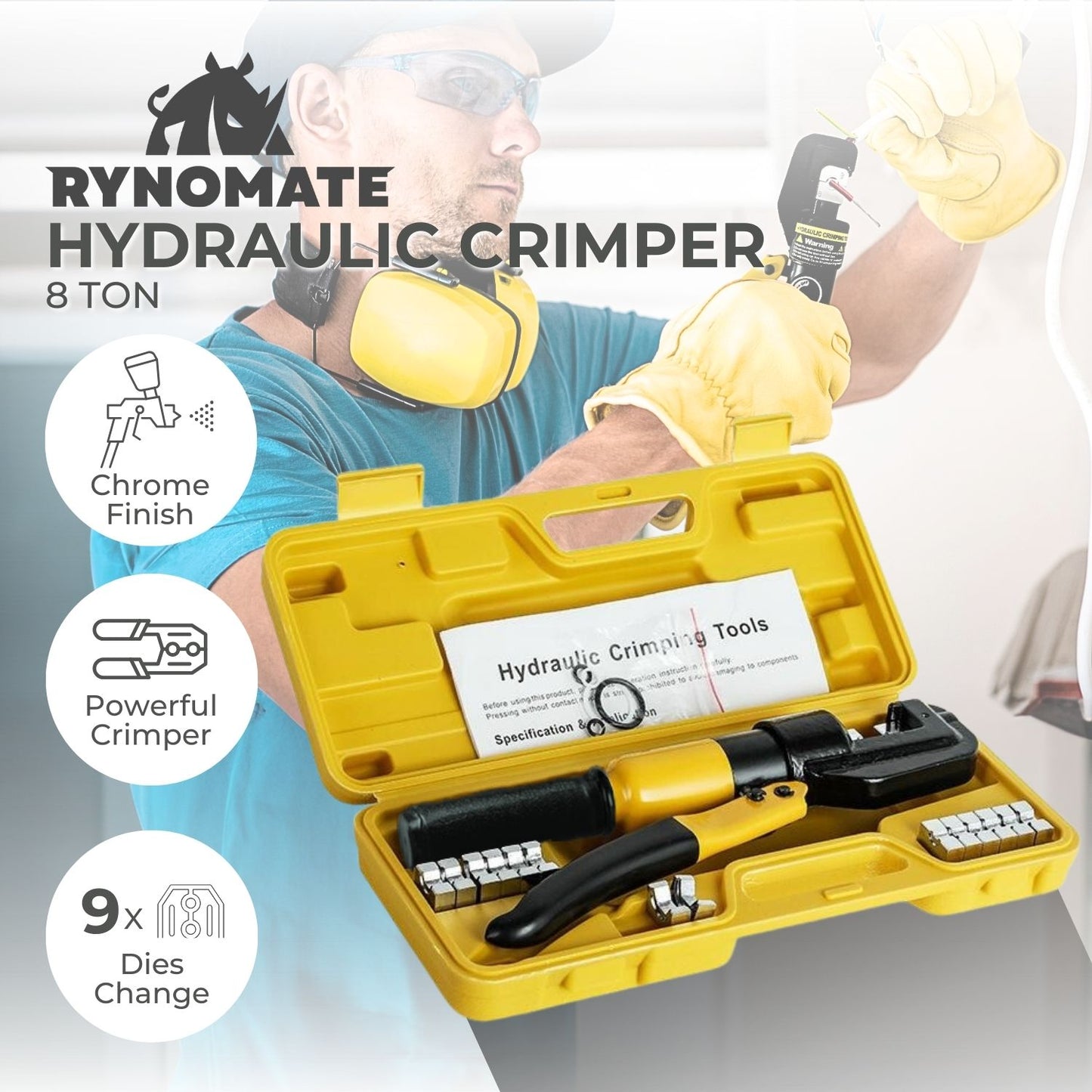 A yellow plastic carrying case containing the RYNOMATE 8 Ton Hydraulic Crimping Tool with 9 Dies (Yellow) RNM-HTL-100-SL. The case includes various die components organized in designated slots, along with an instruction manual. The crimping tool, perfect for wire and butt connector crimping, has a black handle and yellow body.