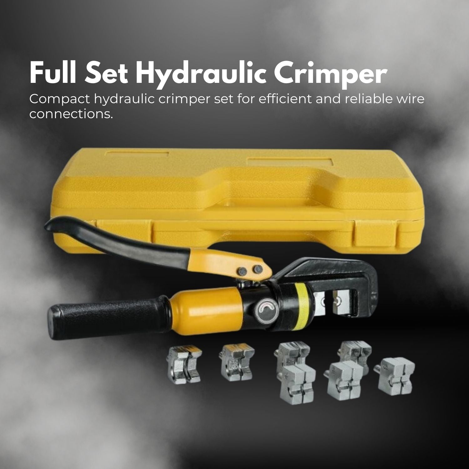 A yellow plastic carrying case containing the RYNOMATE 8 Ton Hydraulic Crimping Tool with 9 Dies (Yellow) RNM-HTL-100-SL. The case includes various die components organized in designated slots, along with an instruction manual. The crimping tool, perfect for wire and butt connector crimping, has a black handle and yellow body.