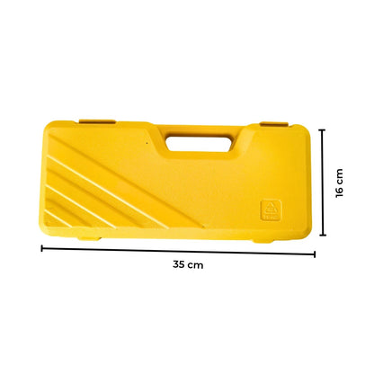 A yellow plastic carrying case containing the RYNOMATE 8 Ton Hydraulic Crimping Tool with 9 Dies (Yellow) RNM-HTL-100-SL. The case includes various die components organized in designated slots, along with an instruction manual. The crimping tool, perfect for wire and butt connector crimping, has a black handle and yellow body.