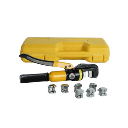 A yellow plastic carrying case containing the RYNOMATE 8 Ton Hydraulic Crimping Tool with 9 Dies (Yellow) RNM-HTL-100-SL. The case includes various die components organized in designated slots, along with an instruction manual. The crimping tool, perfect for wire and butt connector crimping, has a black handle and yellow body.