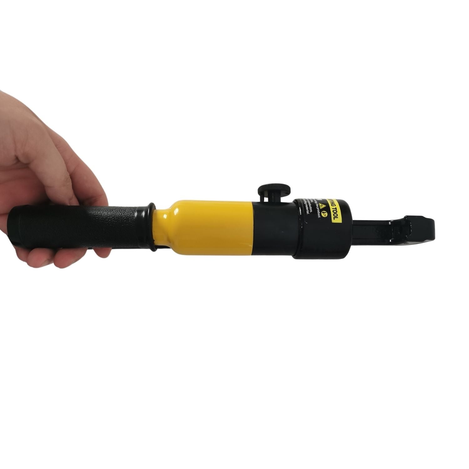 A yellow plastic carrying case containing the RYNOMATE 8 Ton Hydraulic Crimping Tool with 9 Dies (Yellow) RNM-HTL-100-SL. The case includes various die components organized in designated slots, along with an instruction manual. The crimping tool, perfect for wire and butt connector crimping, has a black handle and yellow body.