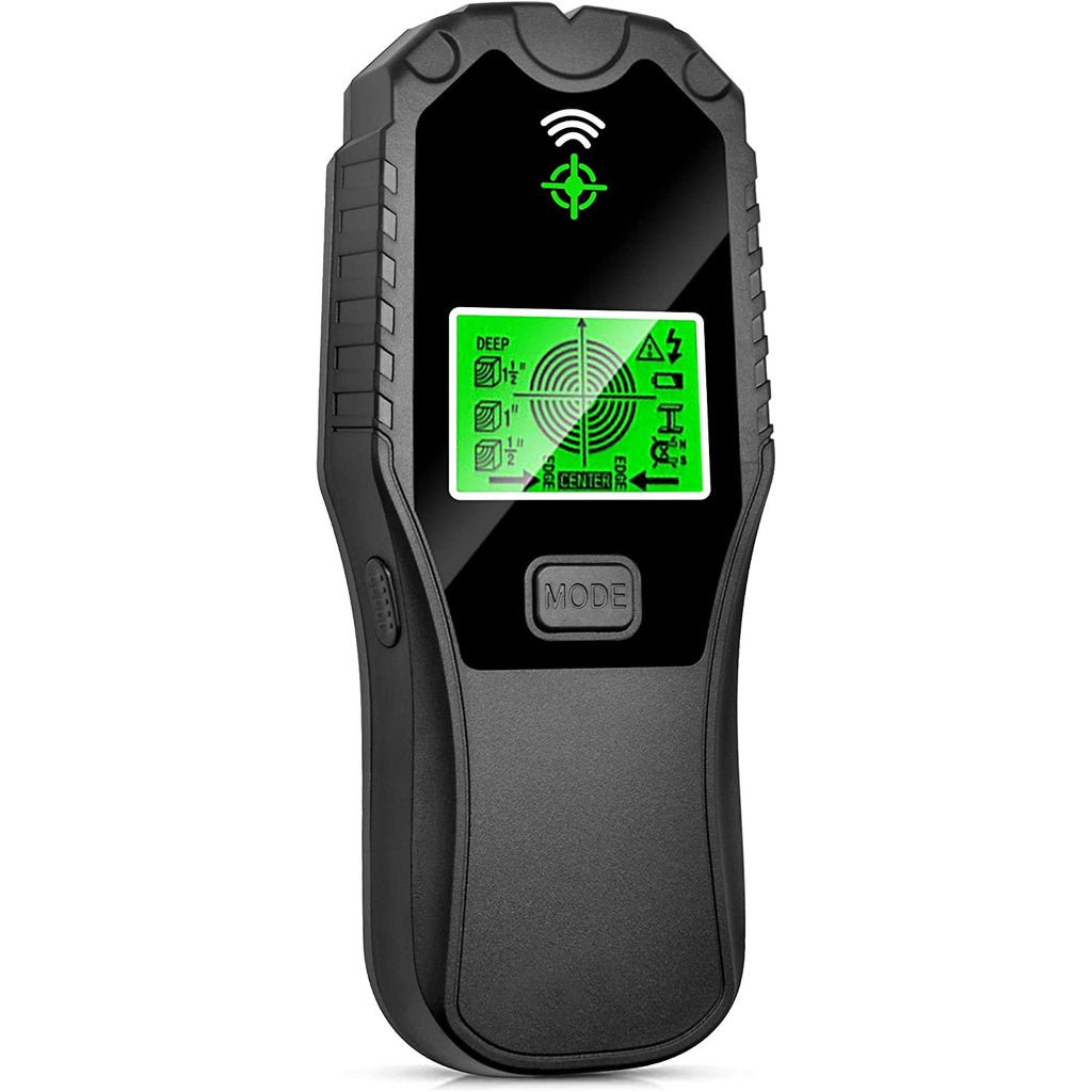 A RYNOMATE 5 In 1 Stud Finder with a black and grey design, featuring a green backlit screen on the front panel that displays various detection modes and indicators. The single "MODE" button is located below the display, and the rugged, ergonomic build ensures precise detection with its advanced sensor.