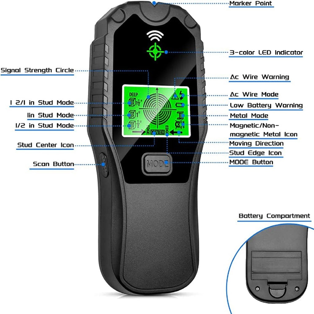 A RYNOMATE 5 In 1 Stud Finder with a black and grey design, featuring a green backlit screen on the front panel that displays various detection modes and indicators. The single "MODE" button is located below the display, and the rugged, ergonomic build ensures precise detection with its advanced sensor.