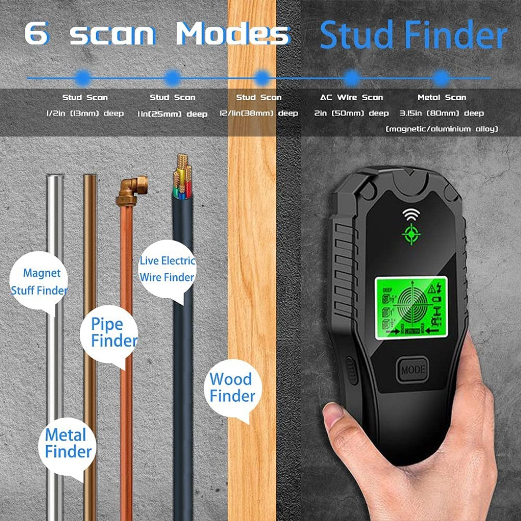 A RYNOMATE 5 In 1 Stud Finder with a black and grey design, featuring a green backlit screen on the front panel that displays various detection modes and indicators. The single "MODE" button is located below the display, and the rugged, ergonomic build ensures precise detection with its advanced sensor.