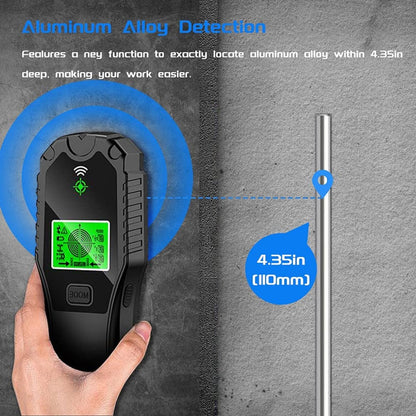 A RYNOMATE 5 In 1 Stud Finder with a black and grey design, featuring a green backlit screen on the front panel that displays various detection modes and indicators. The single "MODE" button is located below the display, and the rugged, ergonomic build ensures precise detection with its advanced sensor.