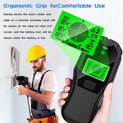 A RYNOMATE 5 In 1 Stud Finder with a black and grey design, featuring a green backlit screen on the front panel that displays various detection modes and indicators. The single "MODE" button is located below the display, and the rugged, ergonomic build ensures precise detection with its advanced sensor.