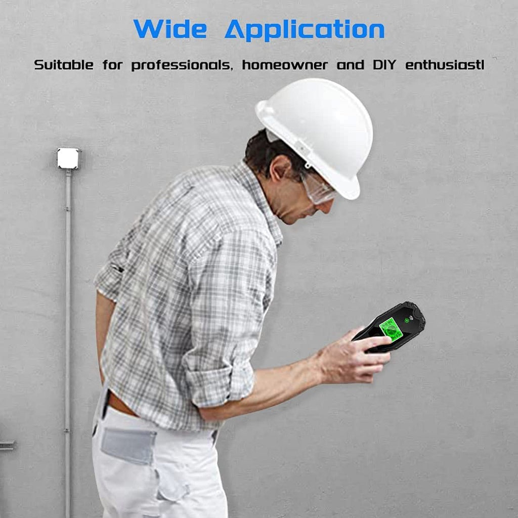 A RYNOMATE 5 In 1 Stud Finder with a black and grey design, featuring a green backlit screen on the front panel that displays various detection modes and indicators. The single "MODE" button is located below the display, and the rugged, ergonomic build ensures precise detection with its advanced sensor.