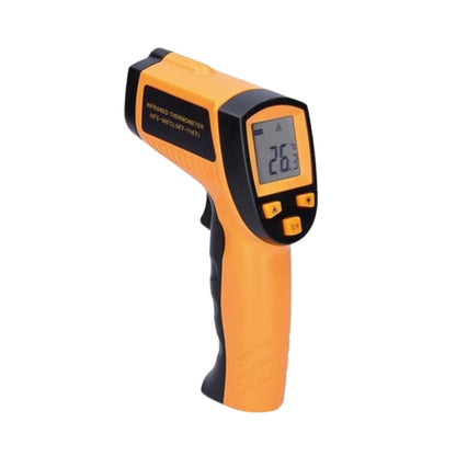 Image of an orange and black RYNOMATE Non-Contact Digital Laser -50℃~550℃ Temperature Gun with Adjustable Emissivity displaying a temperature reading of 26.2°C. The device is branded "RYNOMATE" and is being held in a blurred, sterile-looking room with chairs against the walls. The text "TEMPERATURE GUN" is in the bottom-left corner.