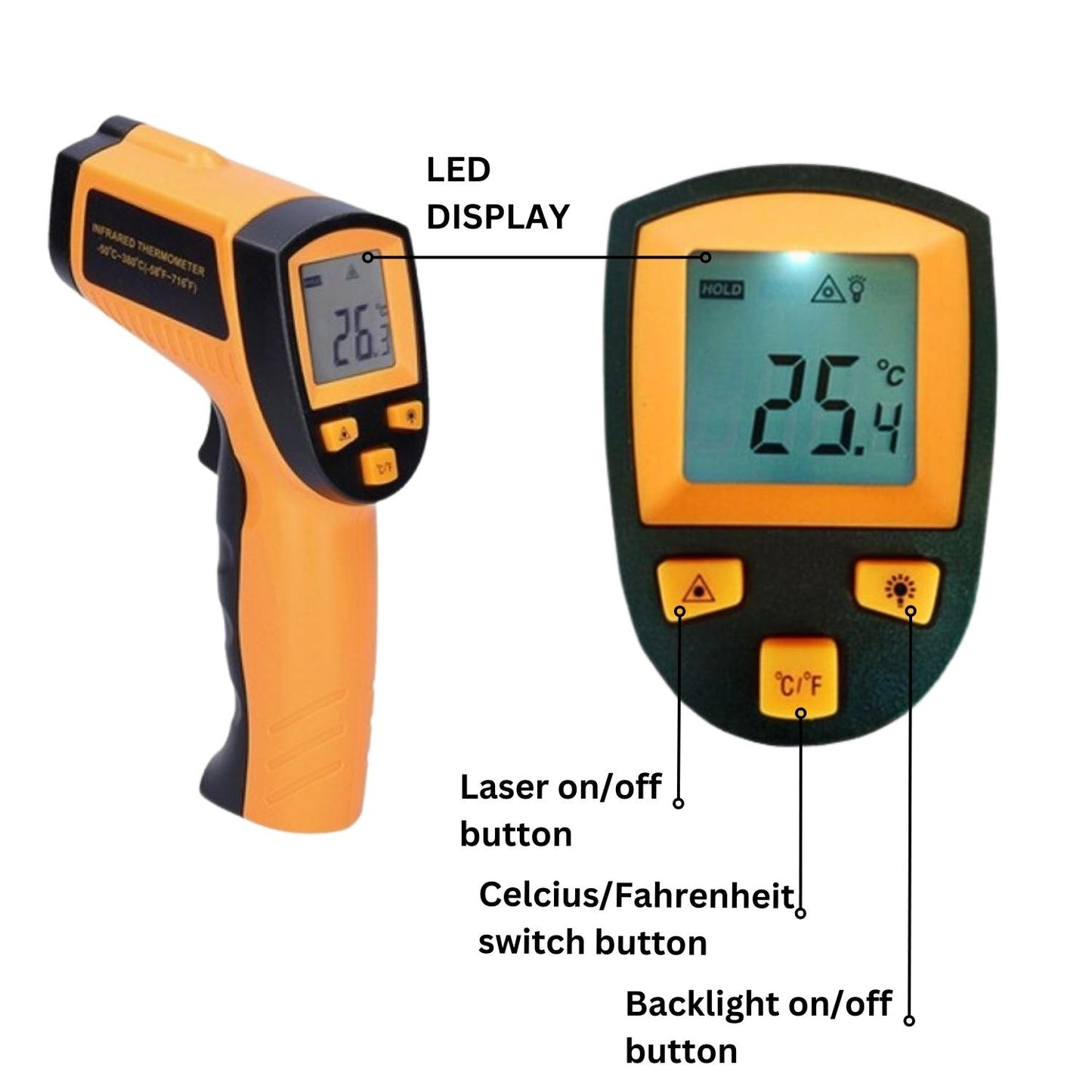 Image of an orange and black RYNOMATE Non-Contact Digital Laser -50℃~550℃ Temperature Gun with Adjustable Emissivity displaying a temperature reading of 26.2°C. The device is branded "RYNOMATE" and is being held in a blurred, sterile-looking room with chairs against the walls. The text "TEMPERATURE GUN" is in the bottom-left corner.