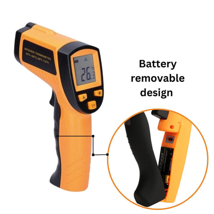 Image of an orange and black RYNOMATE Non-Contact Digital Laser -50℃~550℃ Temperature Gun with Adjustable Emissivity displaying a temperature reading of 26.2°C. The device is branded "RYNOMATE" and is being held in a blurred, sterile-looking room with chairs against the walls. The text "TEMPERATURE GUN" is in the bottom-left corner.