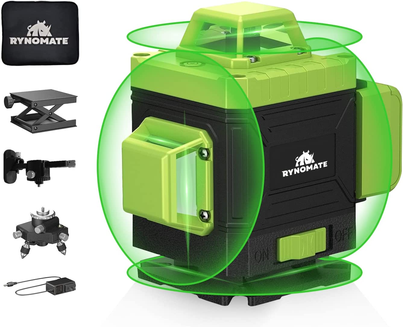 The image shows a green and black RYNOMATE Laser Level Green Light 16 Lines RNM-LL-100-LL with a hard shell protective case. It includes a tripod mount, magnetic mount, small foldable platform, and USB charging cable. High-precision green laser lines are projected around the tool, illustrating its self-leveling feature.