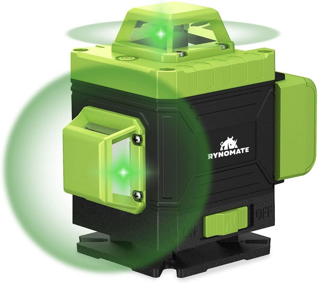 The image shows a green and black RYNOMATE Laser Level Green Light 16 Lines RNM-LL-100-LL with a hard shell protective case. It includes a tripod mount, magnetic mount, small foldable platform, and USB charging cable. High-precision green laser lines are projected around the tool, illustrating its self-leveling feature.