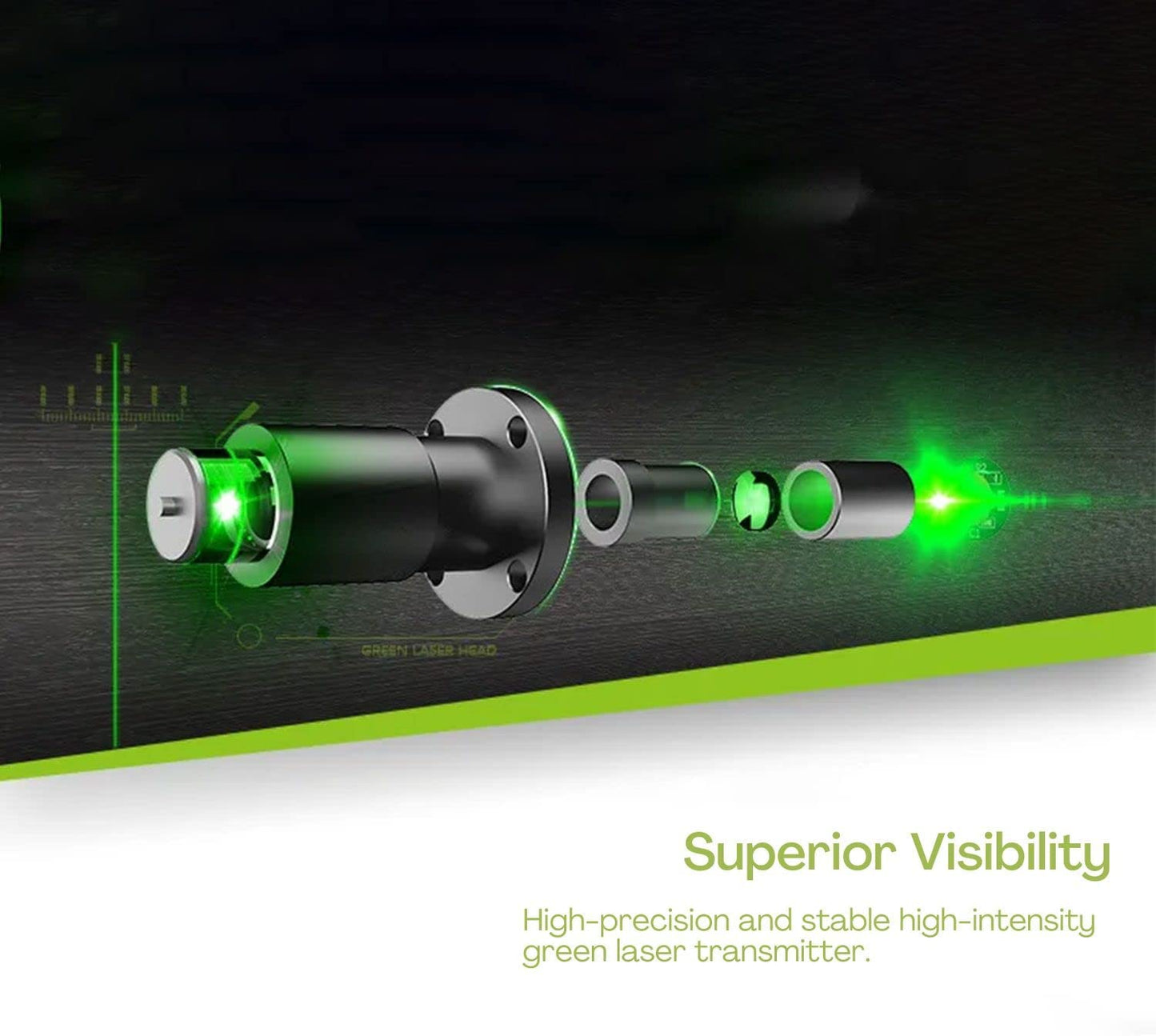 The image shows a green and black RYNOMATE Laser Level Green Light 16 Lines RNM-LL-100-LL with a hard shell protective case. It includes a tripod mount, magnetic mount, small foldable platform, and USB charging cable. High-precision green laser lines are projected around the tool, illustrating its self-leveling feature.