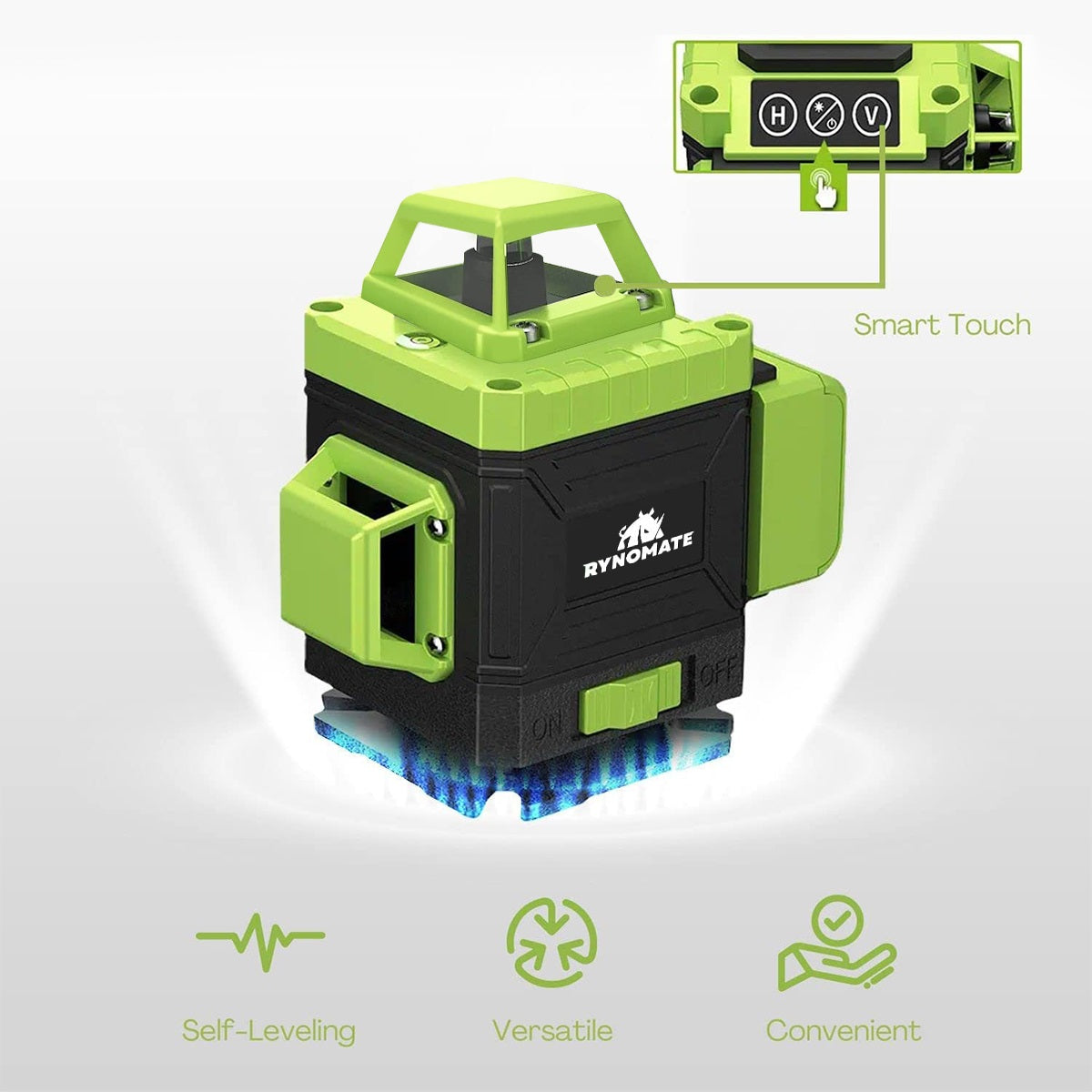 The image shows a green and black RYNOMATE Laser Level Green Light 16 Lines RNM-LL-100-LL with a hard shell protective case. It includes a tripod mount, magnetic mount, small foldable platform, and USB charging cable. High-precision green laser lines are projected around the tool, illustrating its self-leveling feature.