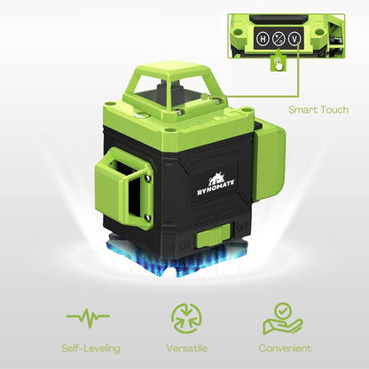 The image shows a green and black RYNOMATE Laser Level Green Light 16 Lines RNM-LL-100-LL with a hard shell protective case. It includes a tripod mount, magnetic mount, small foldable platform, and USB charging cable. High-precision green laser lines are projected around the tool, illustrating its self-leveling feature.