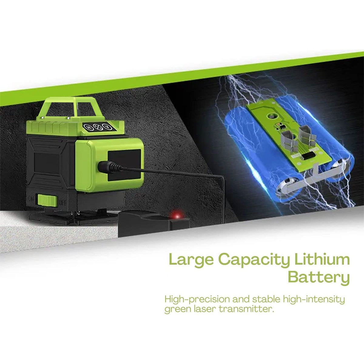 The image shows a green and black RYNOMATE Laser Level Green Light 16 Lines RNM-LL-100-LL with a hard shell protective case. It includes a tripod mount, magnetic mount, small foldable platform, and USB charging cable. High-precision green laser lines are projected around the tool, illustrating its self-leveling feature.