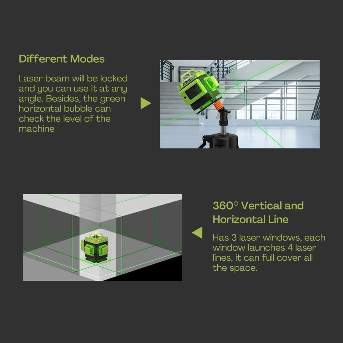 The image shows a green and black RYNOMATE Laser Level Green Light 16 Lines RNM-LL-100-LL with a hard shell protective case. It includes a tripod mount, magnetic mount, small foldable platform, and USB charging cable. High-precision green laser lines are projected around the tool, illustrating its self-leveling feature.