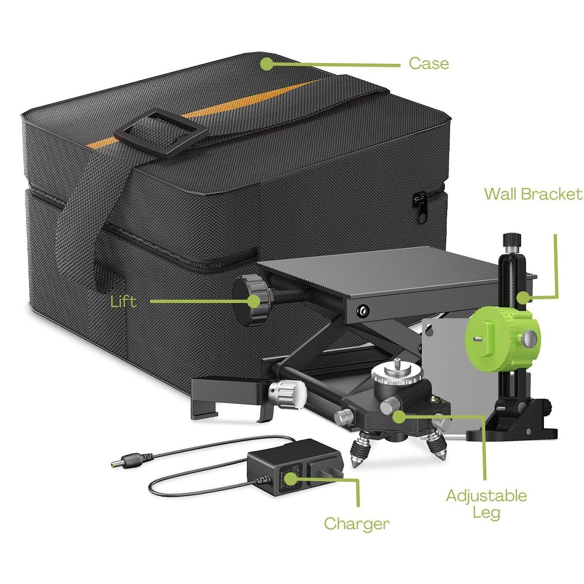 The image shows a green and black RYNOMATE Laser Level Green Light 16 Lines RNM-LL-100-LL with a hard shell protective case. It includes a tripod mount, magnetic mount, small foldable platform, and USB charging cable. High-precision green laser lines are projected around the tool, illustrating its self-leveling feature.