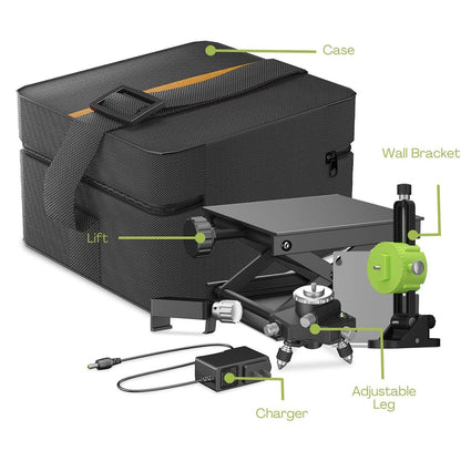 The image shows a green and black RYNOMATE Laser Level Green Light 16 Lines RNM-LL-100-LL with a hard shell protective case. It includes a tripod mount, magnetic mount, small foldable platform, and USB charging cable. High-precision green laser lines are projected around the tool, illustrating its self-leveling feature.